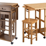 Rolling Fold-Up Table with Stools, Teak or Natural